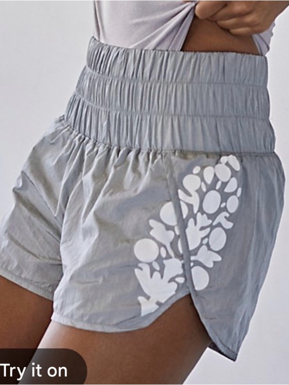 Free People Movement Take Me Home Shiny Gray Shorts, HUGE LOGO-size Small